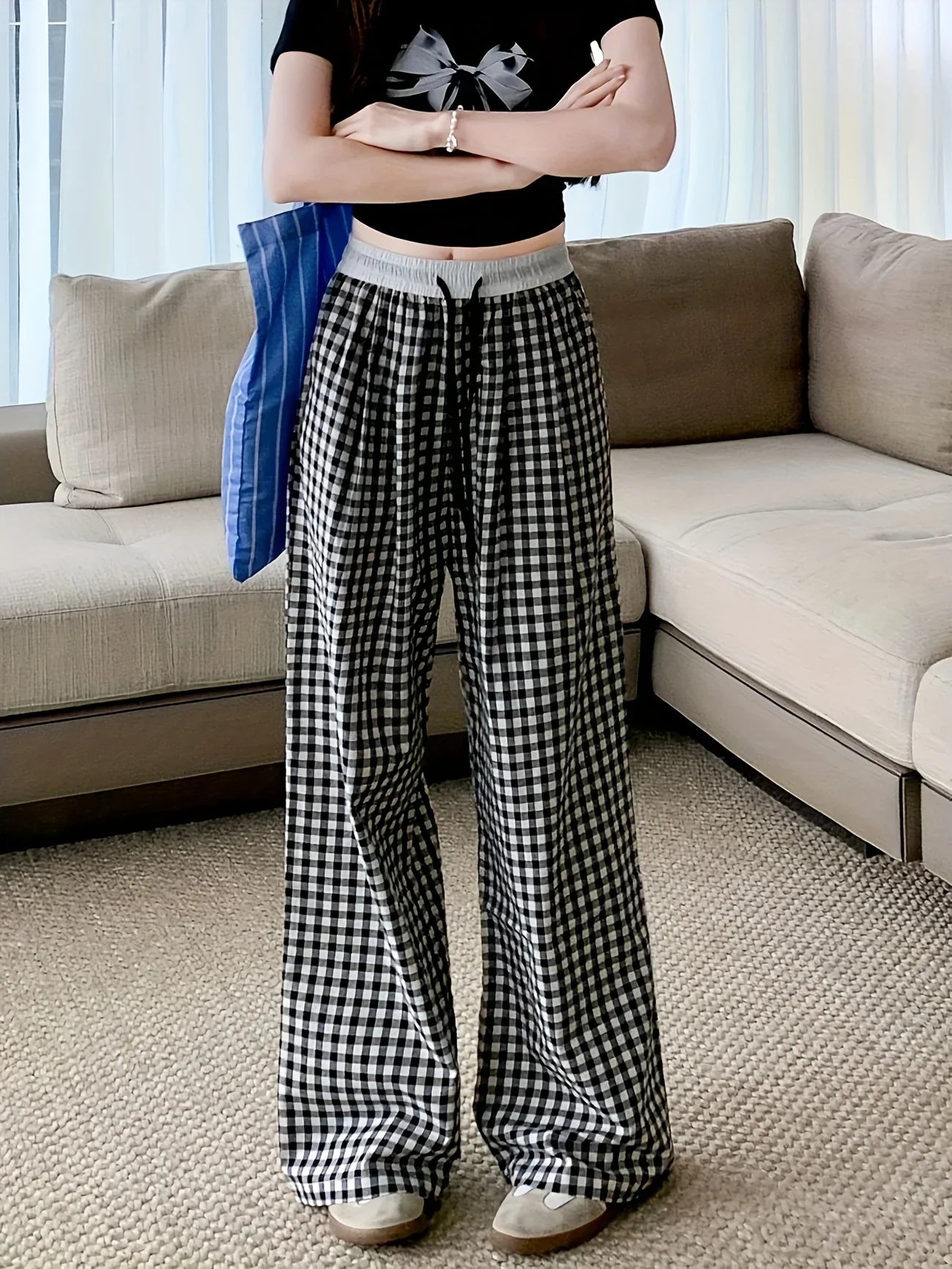 Sofia – Pantalon Carreaux, Taille Haute & Coupe Relax