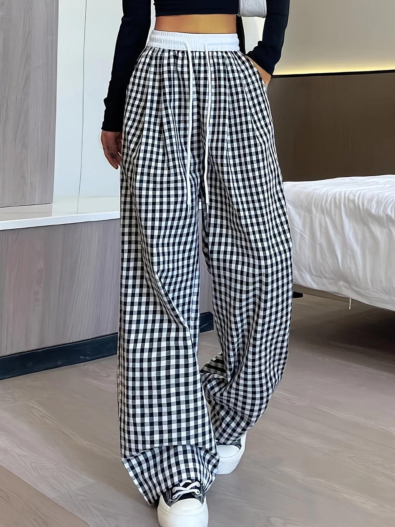 Sofia – Pantalon Carreaux, Taille Haute & Coupe Relax