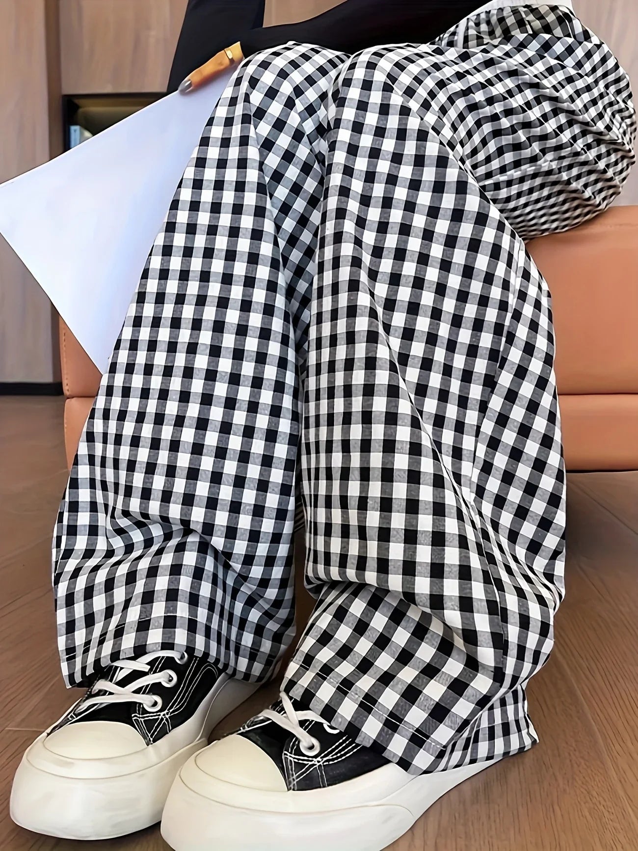 Sofia – Pantalon Carreaux, Taille Haute & Coupe Relax