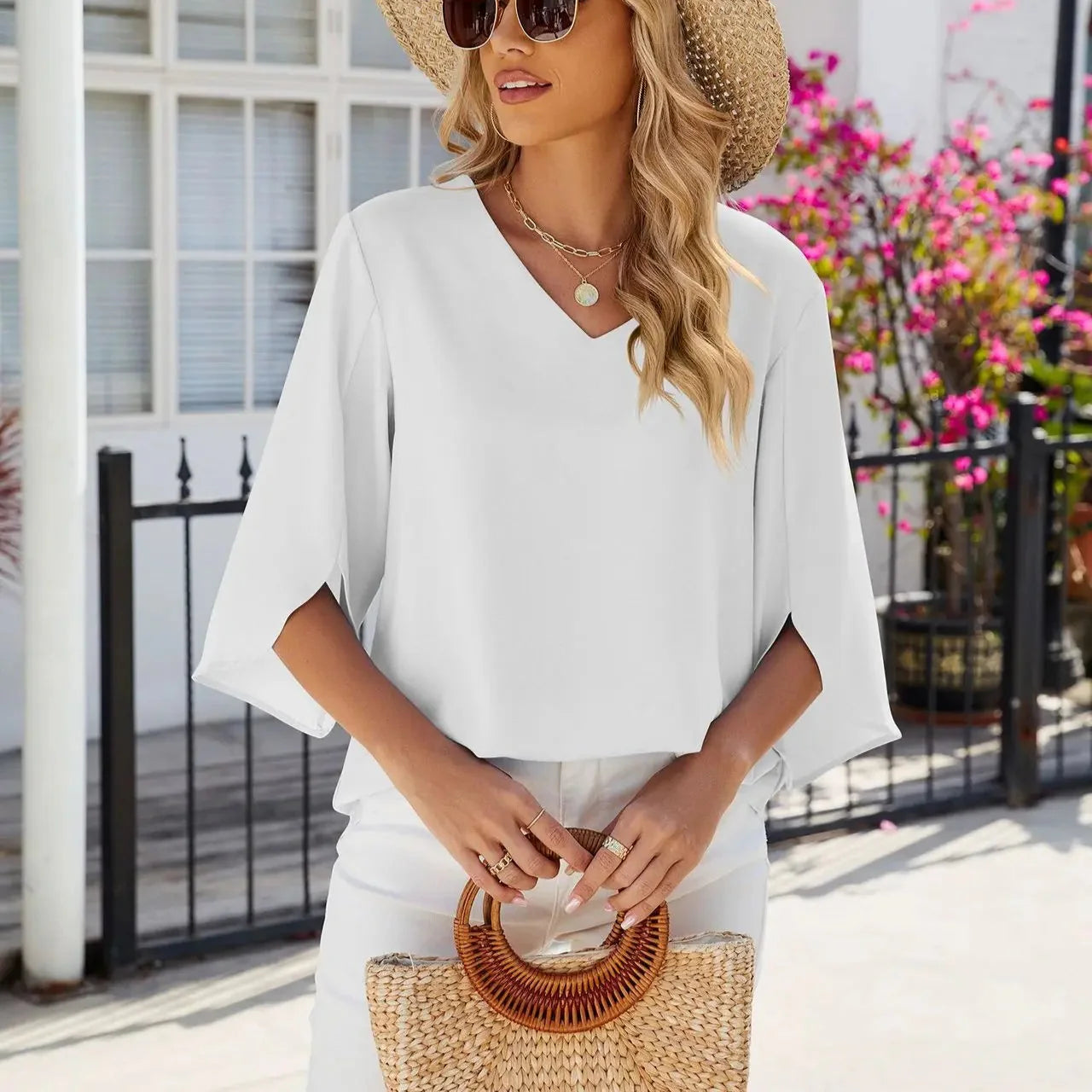 Chemisier Flottant à Col V & Manches Fendues