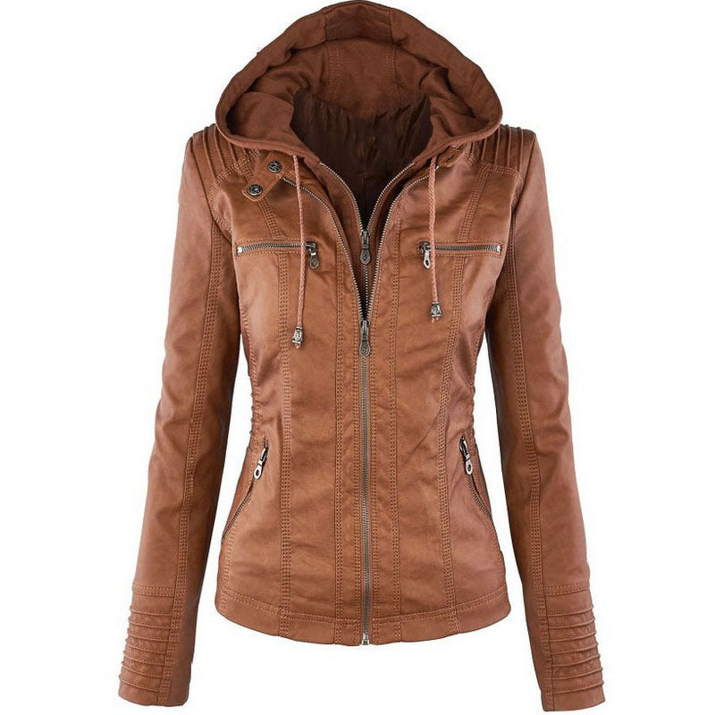Veste Simili Cuir Capuche Femme