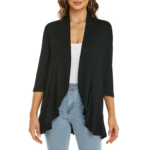 Léa Ruffle – Cardigan Décontracté à Volants & Manches 3/4