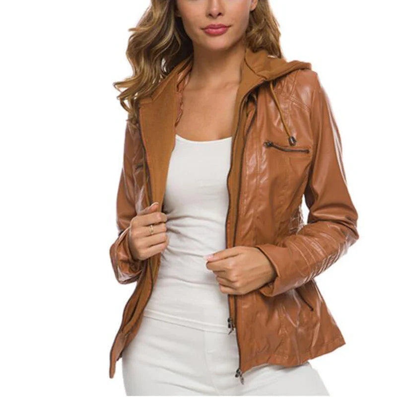 Veste Simili Cuir Capuche Femme