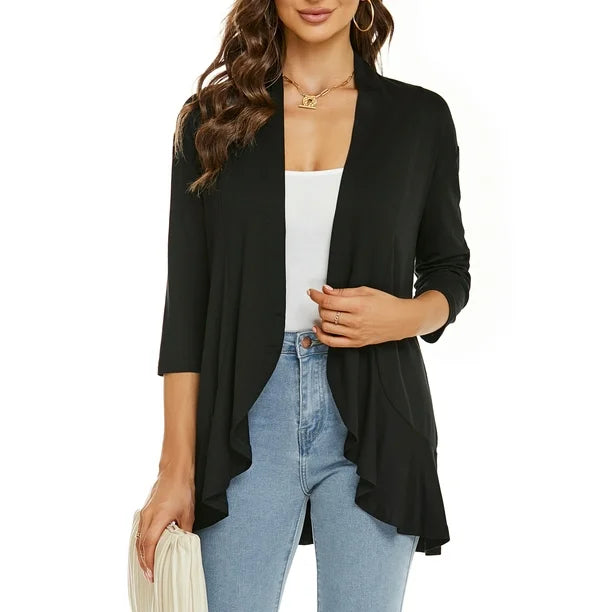 Léa Ruffle – Cardigan Décontracté à Volants & Manches 3/4