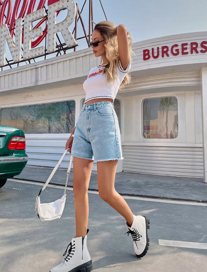 Blair – Short en Jean Femme Style Français, Uni avec Ourlet Effiloché