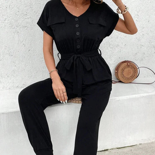 Barboteuse Noire Décontractée à Ceinture