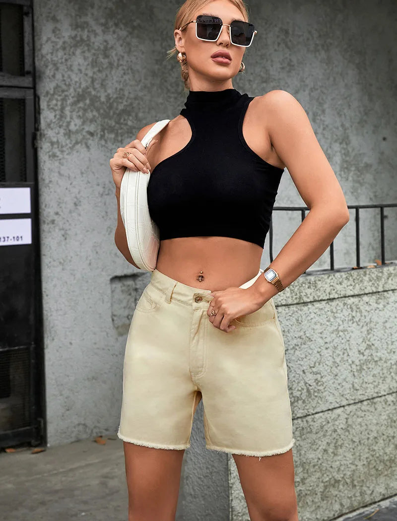 Blair – Short en Jean Femme Style Français, Uni avec Ourlet Effiloché