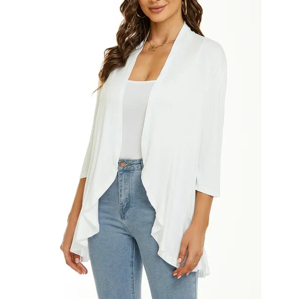 Léa Ruffle – Cardigan Décontracté à Volants & Manches 3/4