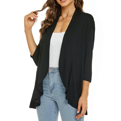 Léa Ruffle – Cardigan Décontracté à Volants & Manches 3/4