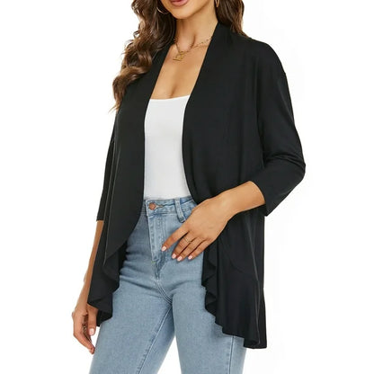 Léa Ruffle – Cardigan Décontracté à Volants & Manches 3/4