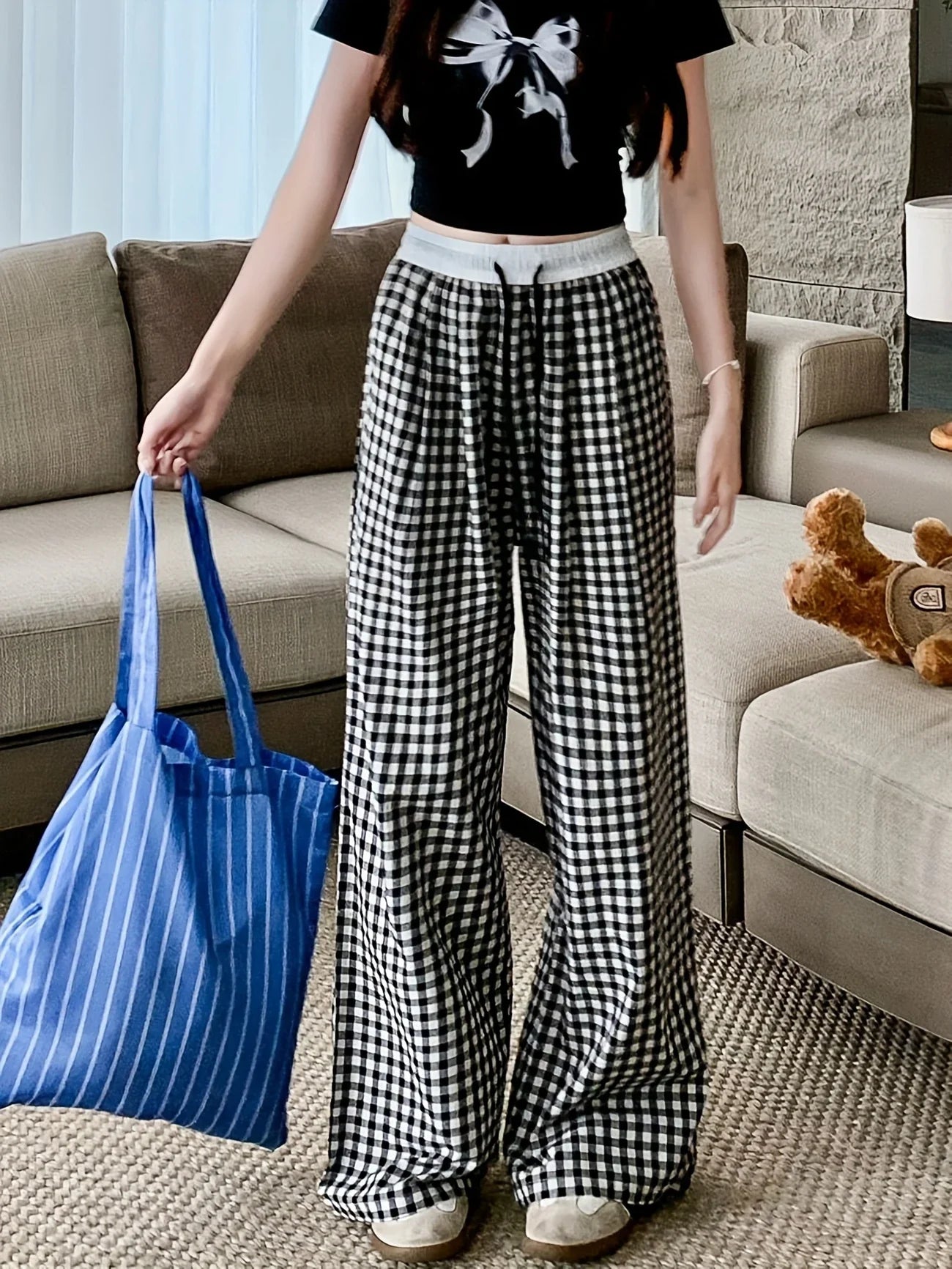 Sofia – Pantalon Carreaux, Taille Haute & Coupe Relax